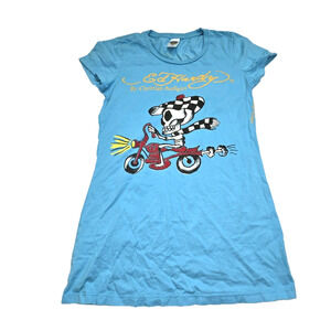 Ed Hardy Short Sleeve Shirt Blue Skeleton Motorcycle Y2K Small Don Hardy